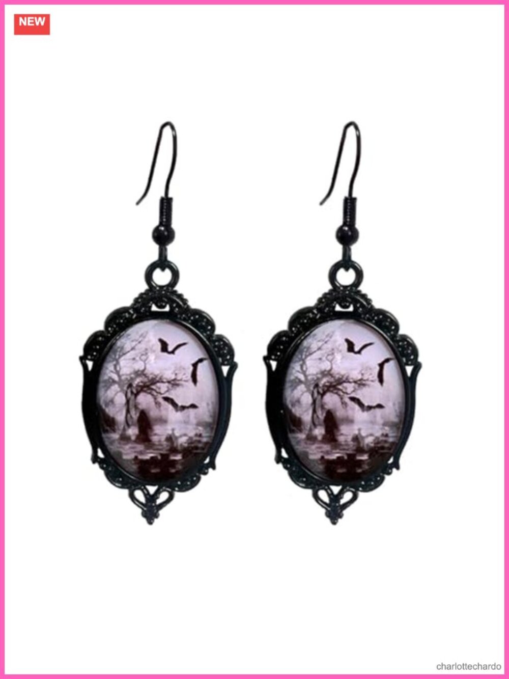Gothic Crystal Cameo Dangle Earrings Victorian Bat Witch Halloween Jewelry